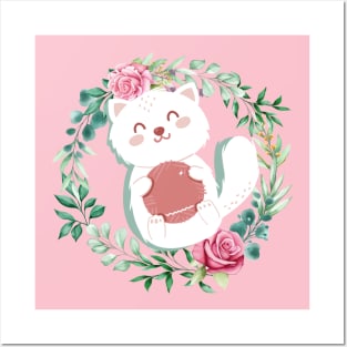 Cute Cat With Flowers and pink background Posters and Art